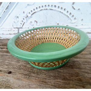 Vintage 1960s Metal Green Fruit/Decor Bowl Wicker Sides Germany